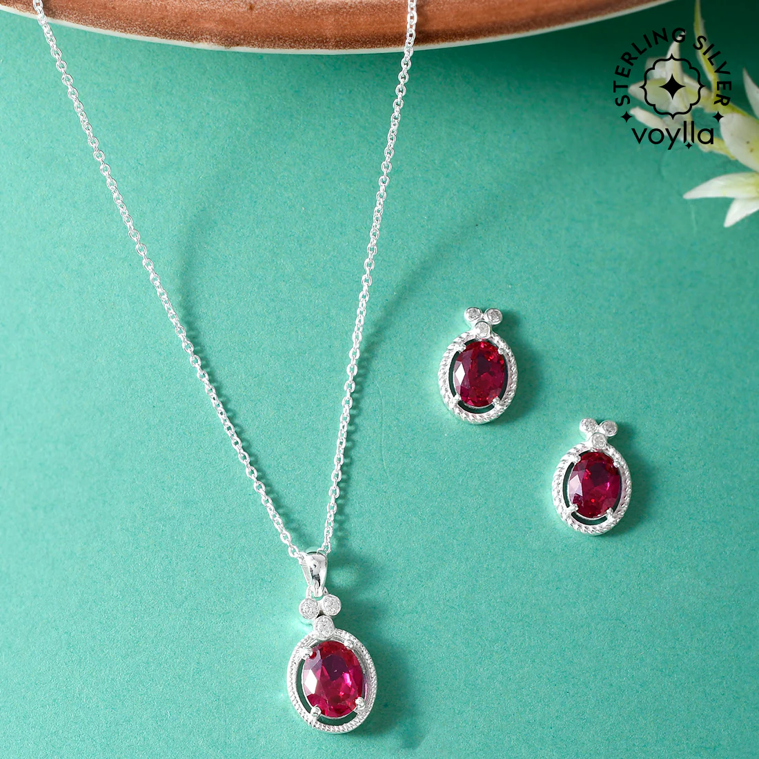 Red Stone Studded Sterling Silver Pendant