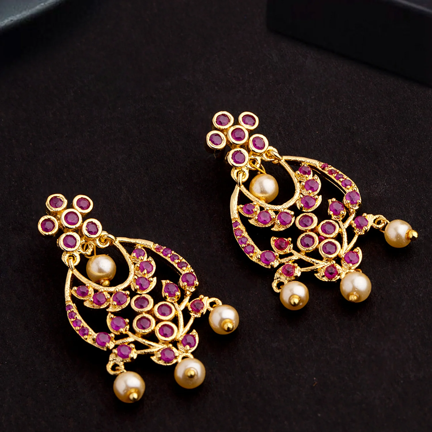 Red Zircon Gems and Faux Pearls Earrings