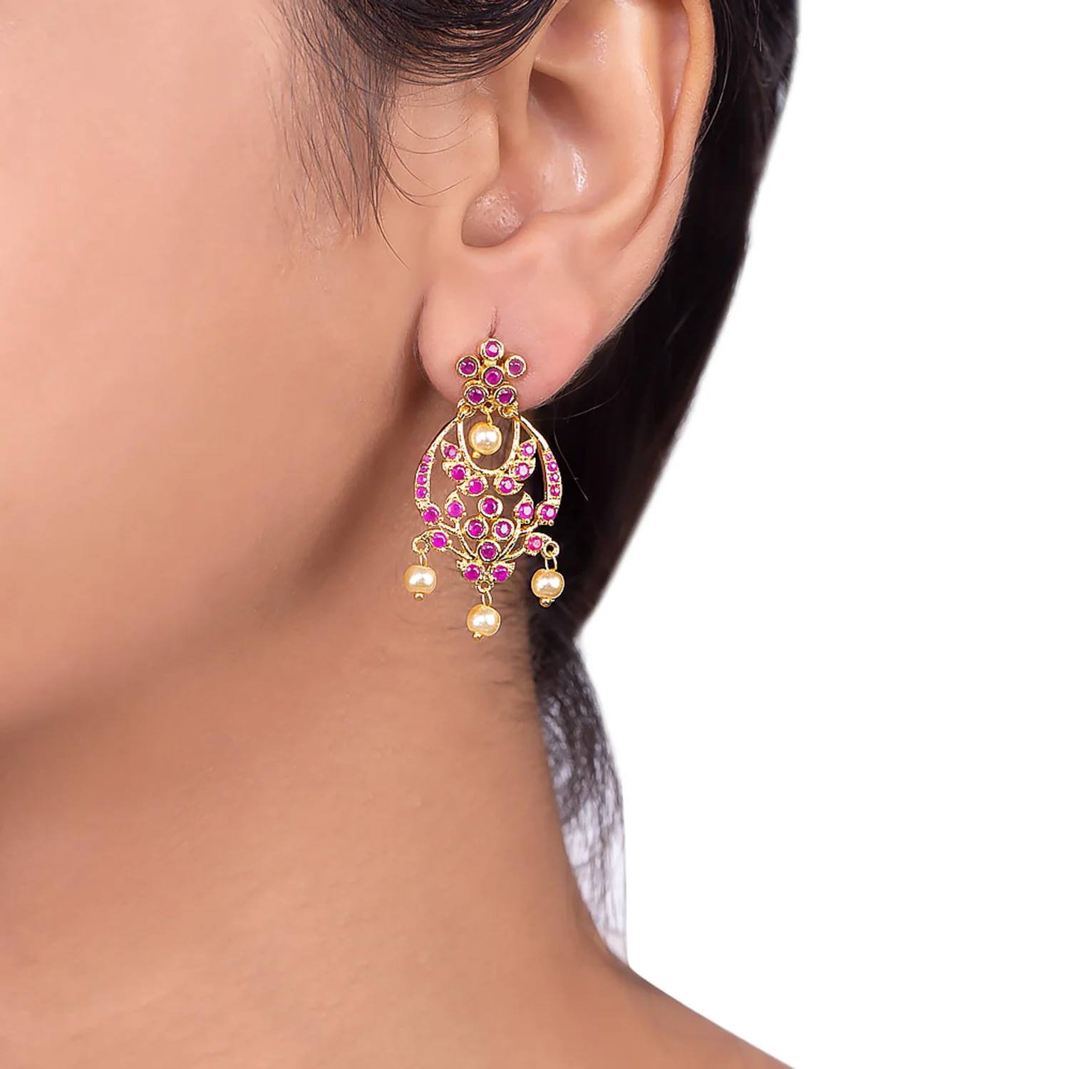 Red Zircon Gems and Faux Pearls Earrings - Image 2