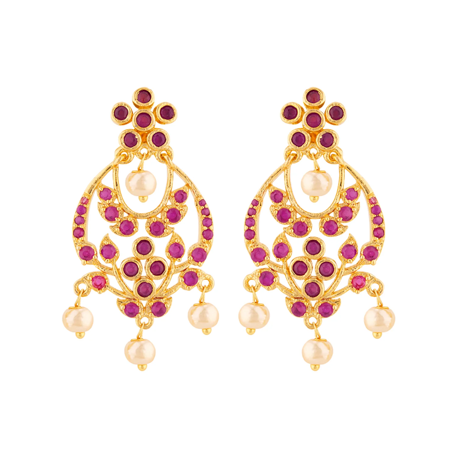 Red Zircon Gems and Faux Pearls Earrings - Image 3