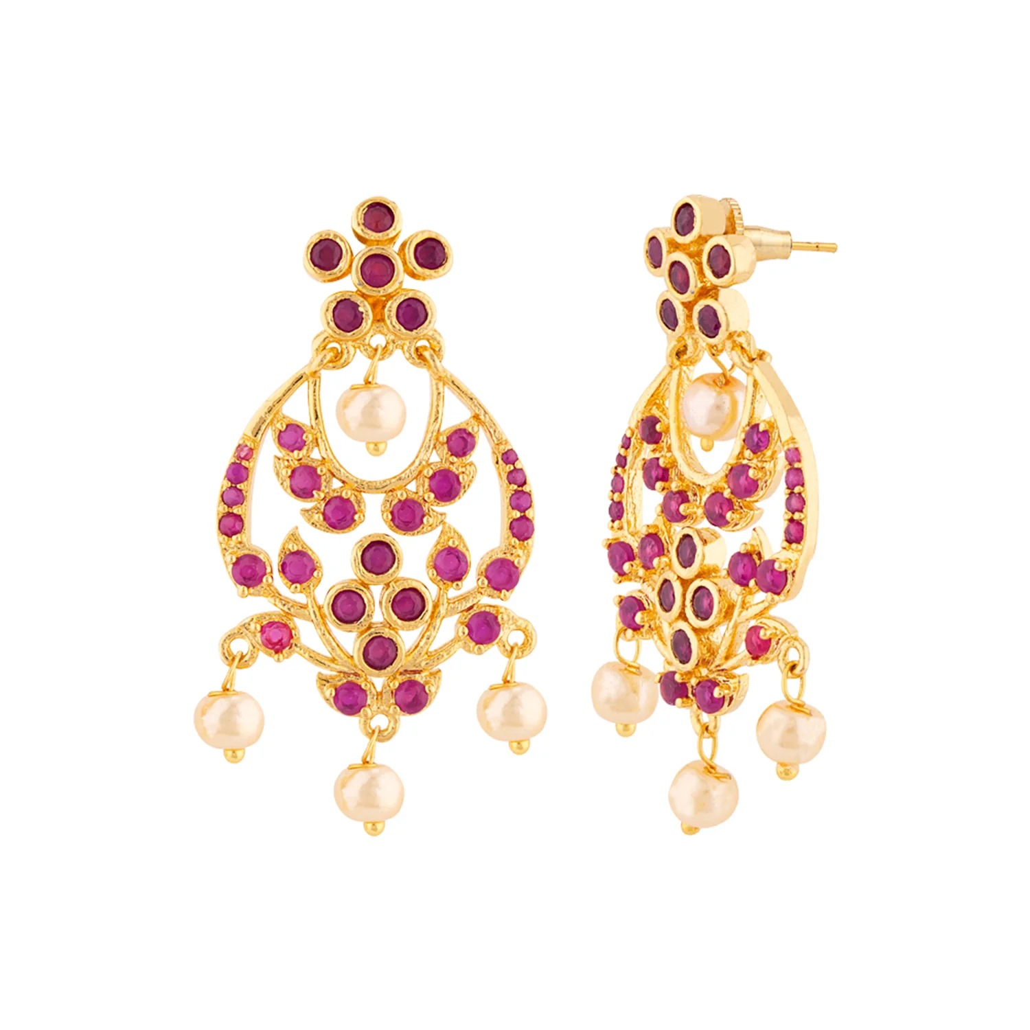 Red Zircon Gems and Faux Pearls Earrings - Image 4