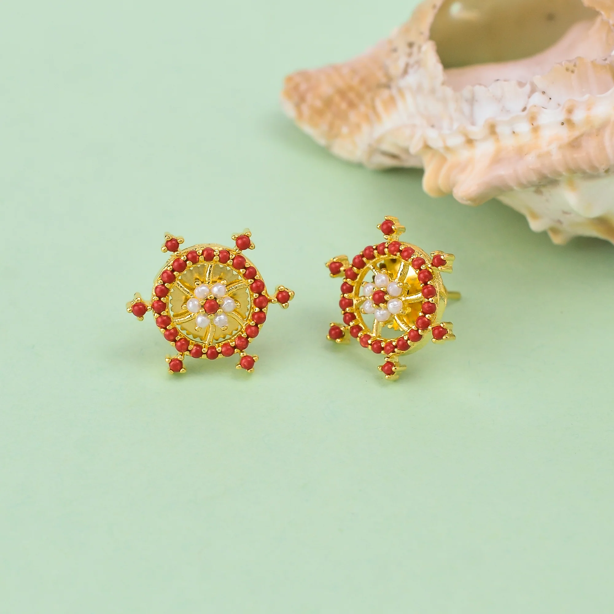 Red Zirconia Gems and Pearl Beads Stud Earrings