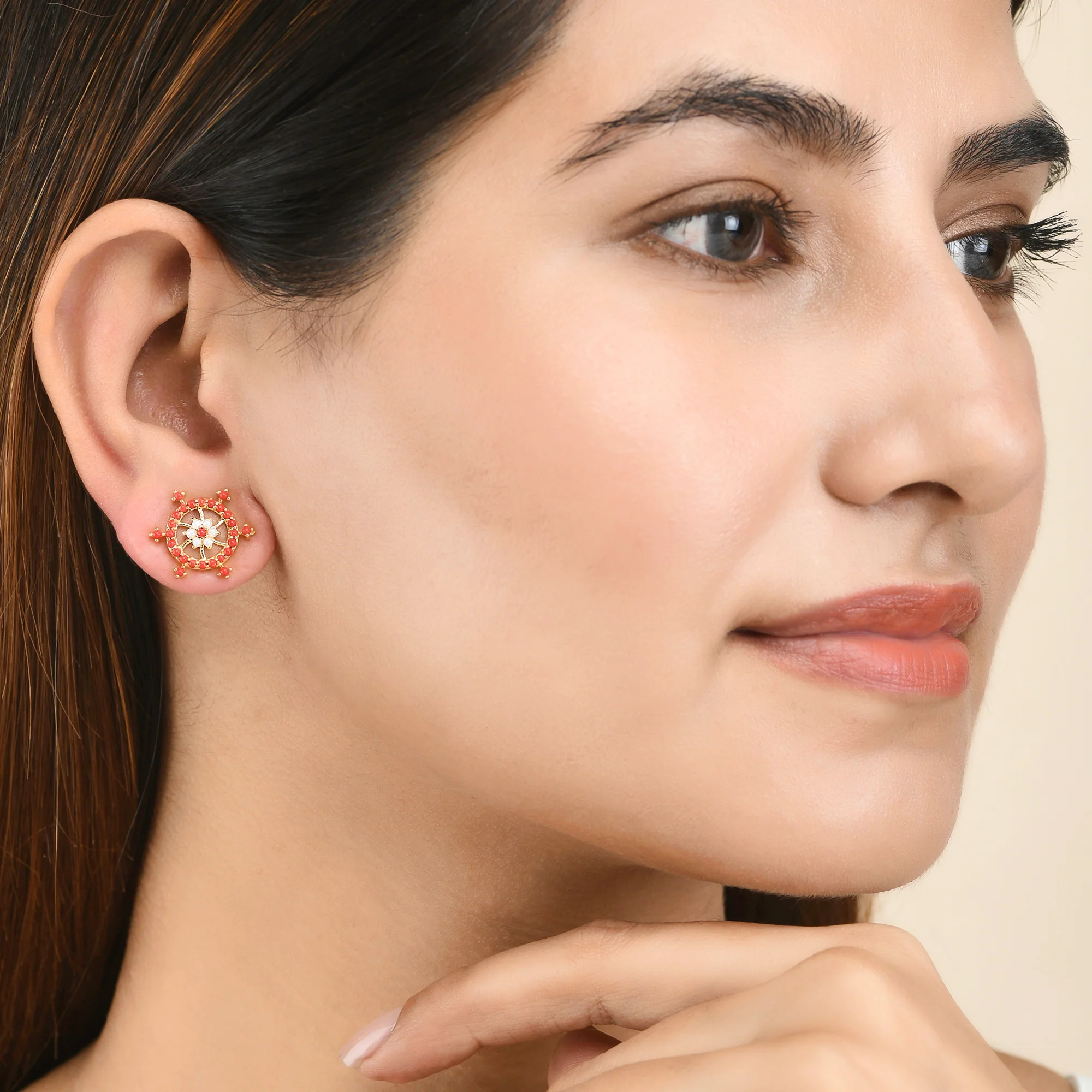 Red Zirconia Gems and Pearl Beads Stud Earrings - Image 2