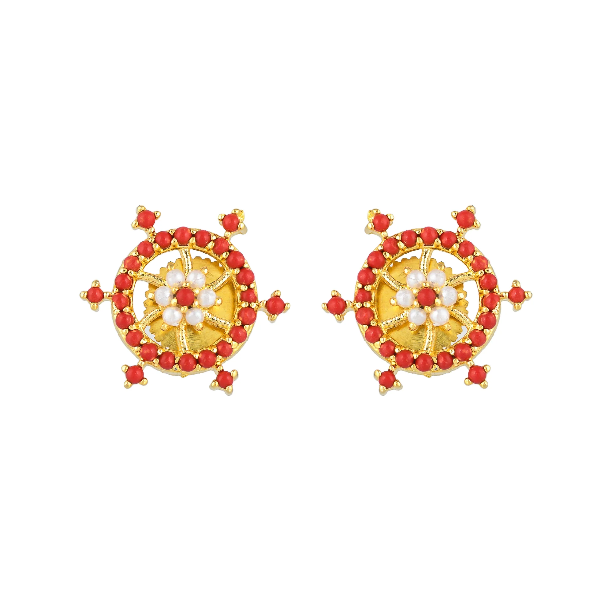 Red Zirconia Gems and Pearl Beads Stud Earrings - Image 3