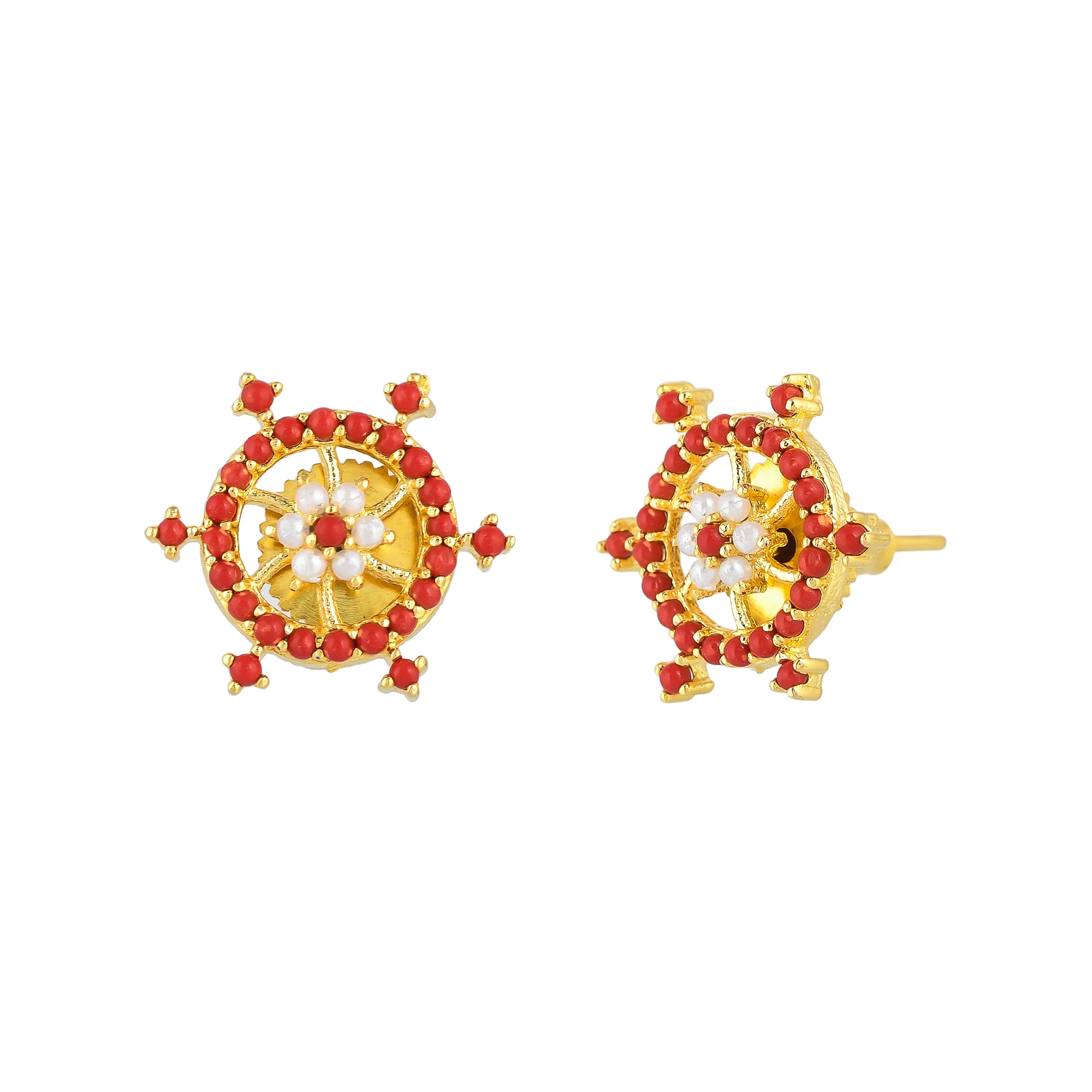 Red Zirconia Gems and Pearl Beads Stud Earrings - Image 4