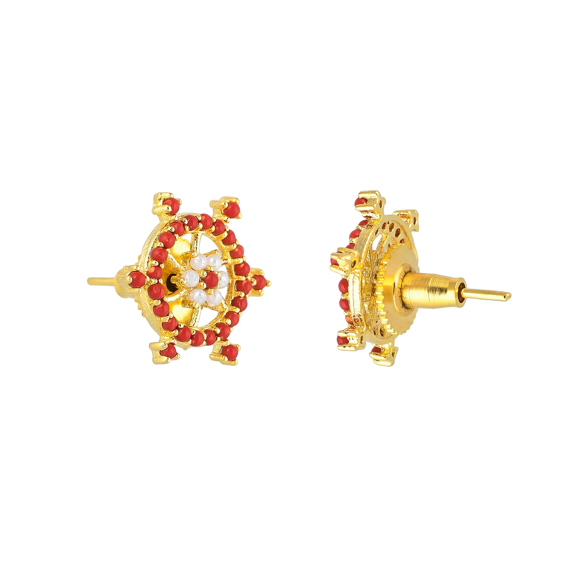 Red Zirconia Gems and Pearl Beads Stud Earrings - Image 5