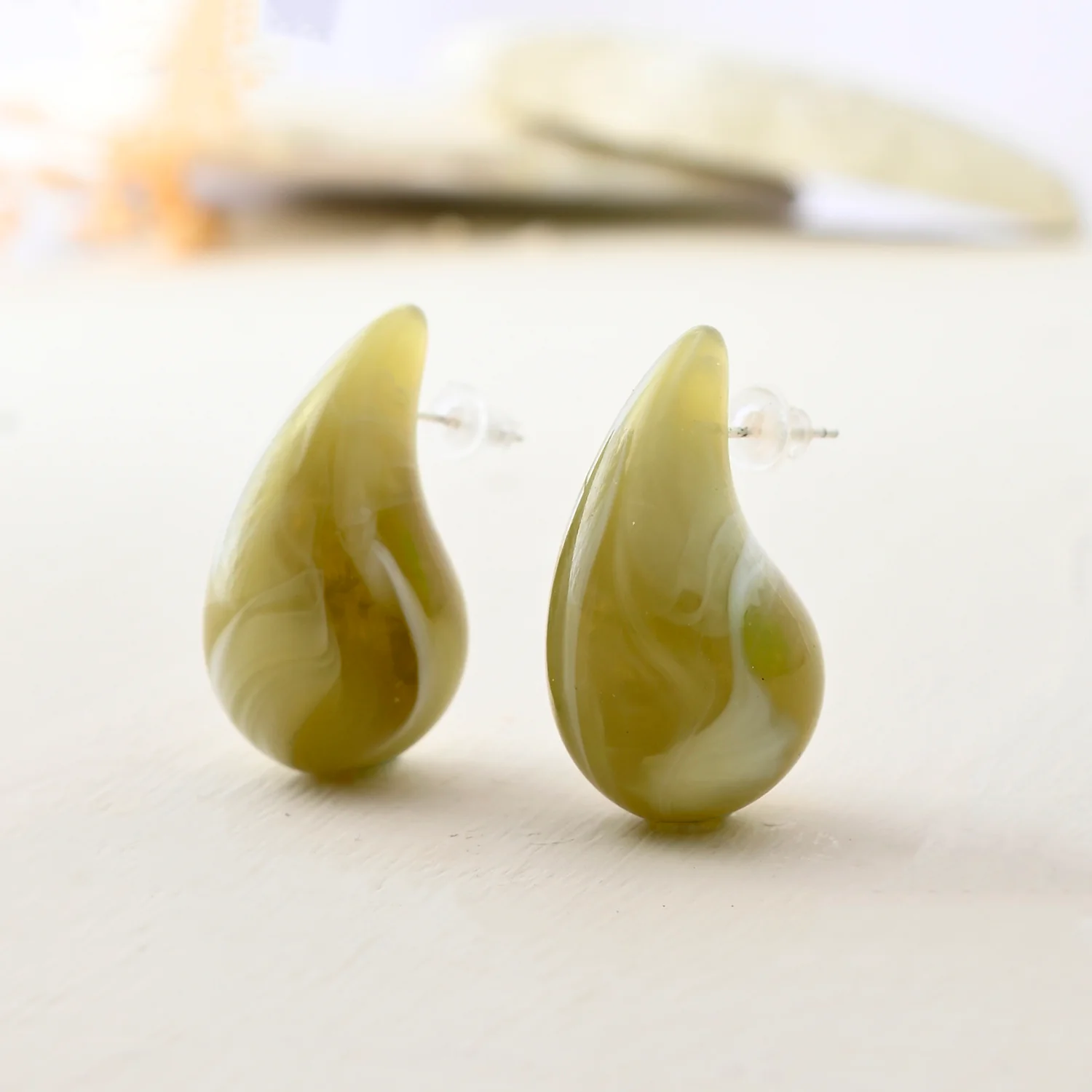 Resin Olive Green Teardrop Stud Earrings