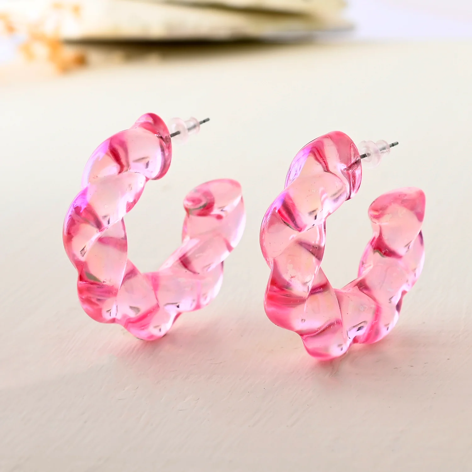 Resin Vibrant Pink Twisted Hoop Earrings