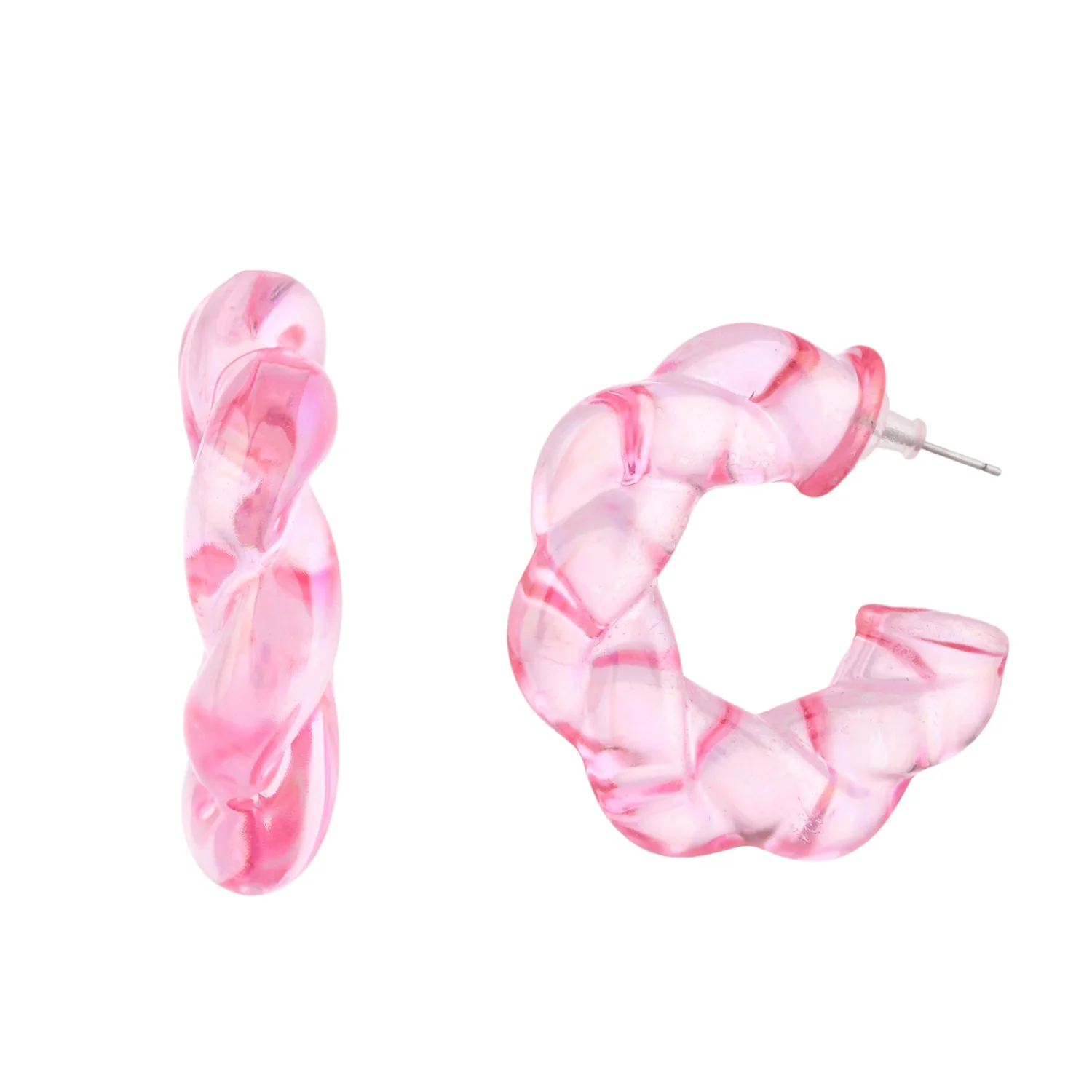 Resin Vibrant Pink Twisted Hoop Earrings - Image 5