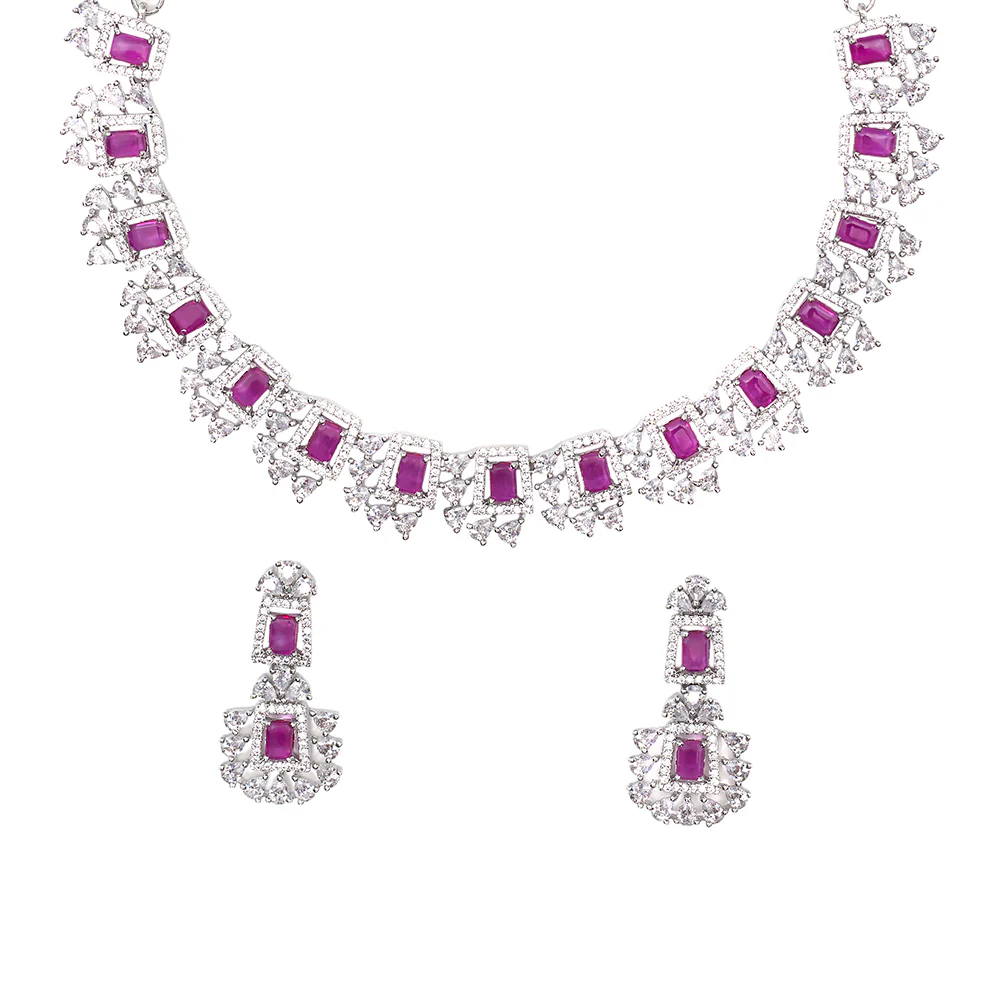 Rhodium Plated Cz Studded Necklace Set With Pink Stones - Image 3