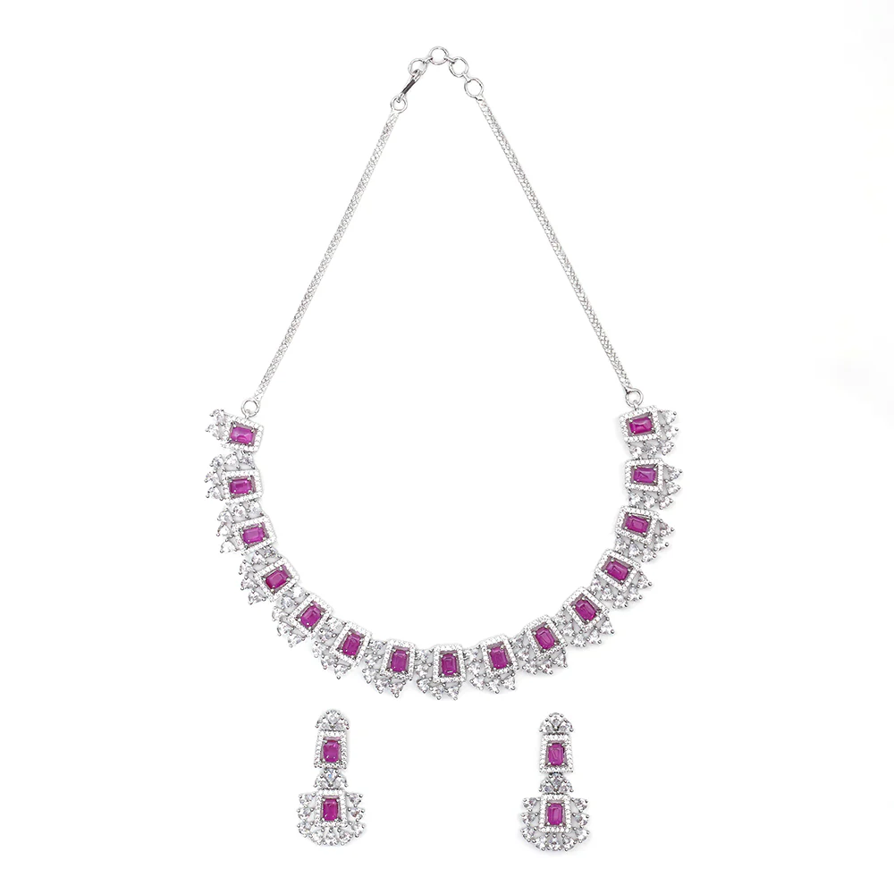 Rhodium Plated Cz Studded Necklace Set With Pink Stones - Image 4