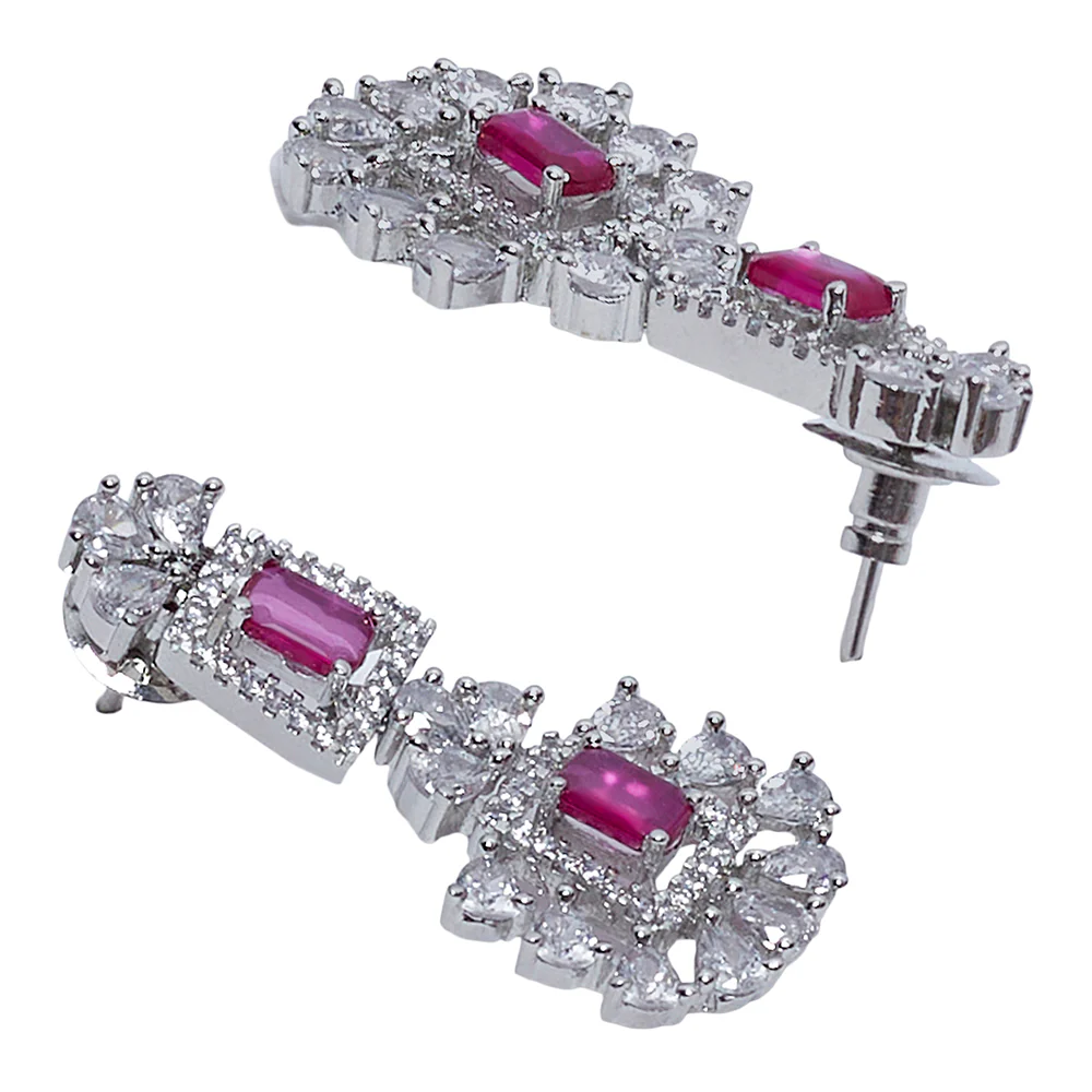 Rhodium Plated Cz Studded Necklace Set With Pink Stones - Image 5