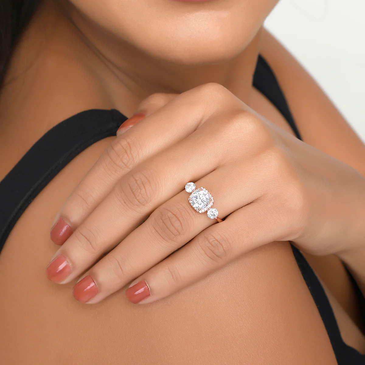 Rose Gold Emerald and Round Cut Zircons Adorned Brass Ring - Image 2