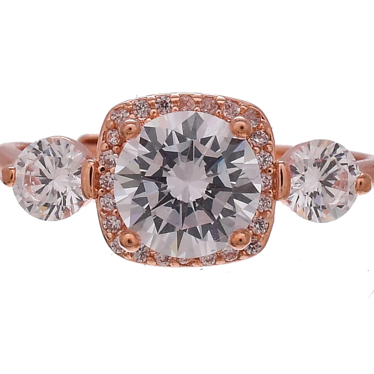 Rose Gold Emerald and Round Cut Zircons Adorned Brass Ring - Image 4