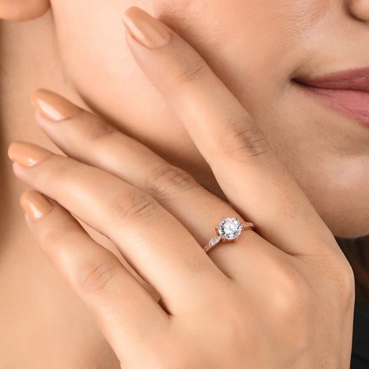 Rose Gold Plated Clear Zircon Adorned Brass Ring - Image 2