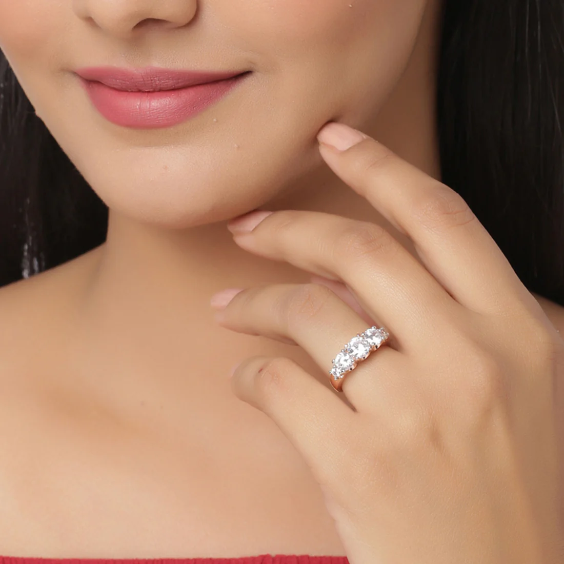 Rose Gold Plated Cluster Setting American Diamond Gems Ring - Image 2