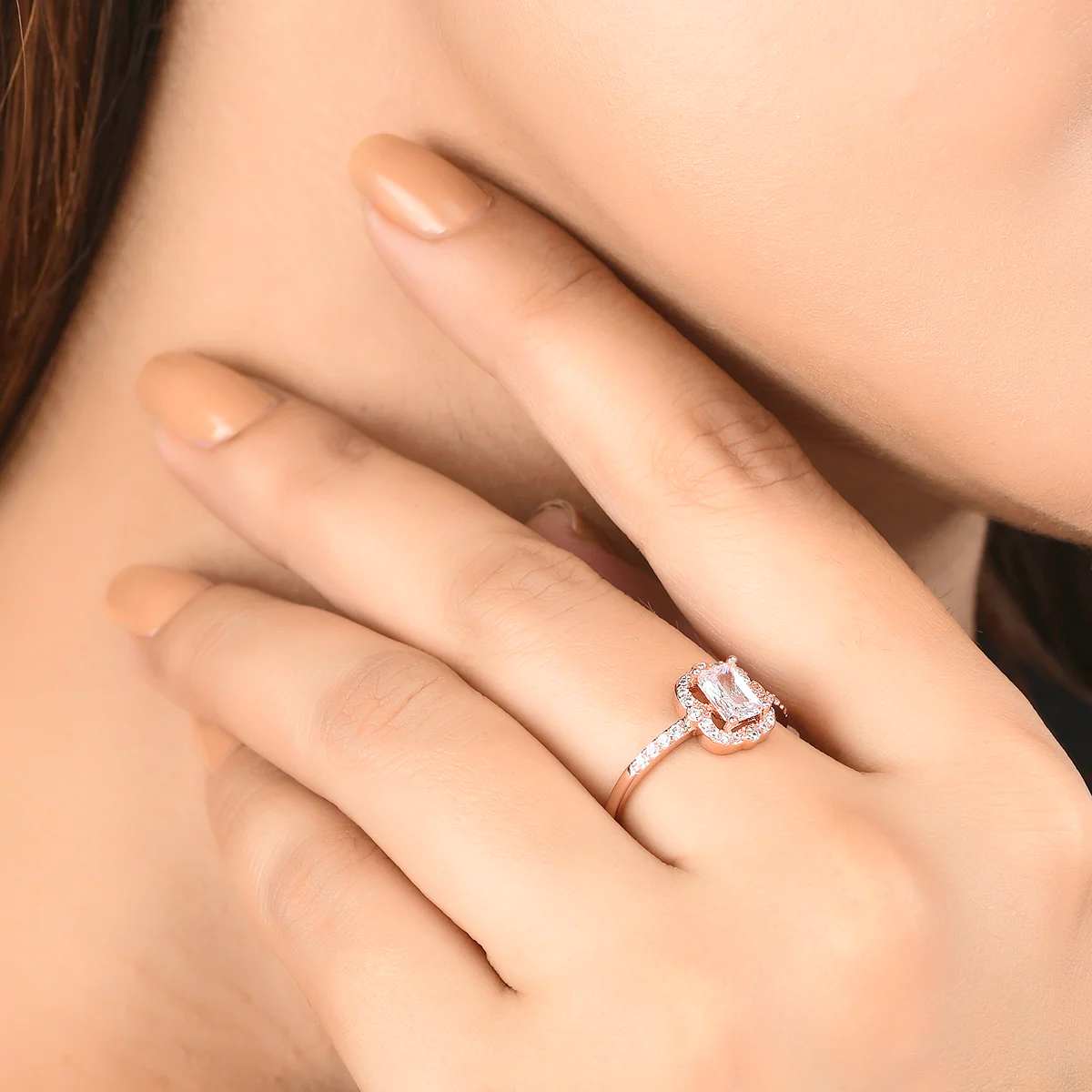 Rose Gold Plated Emerald Cut Zircon Brass Ring - Image 2