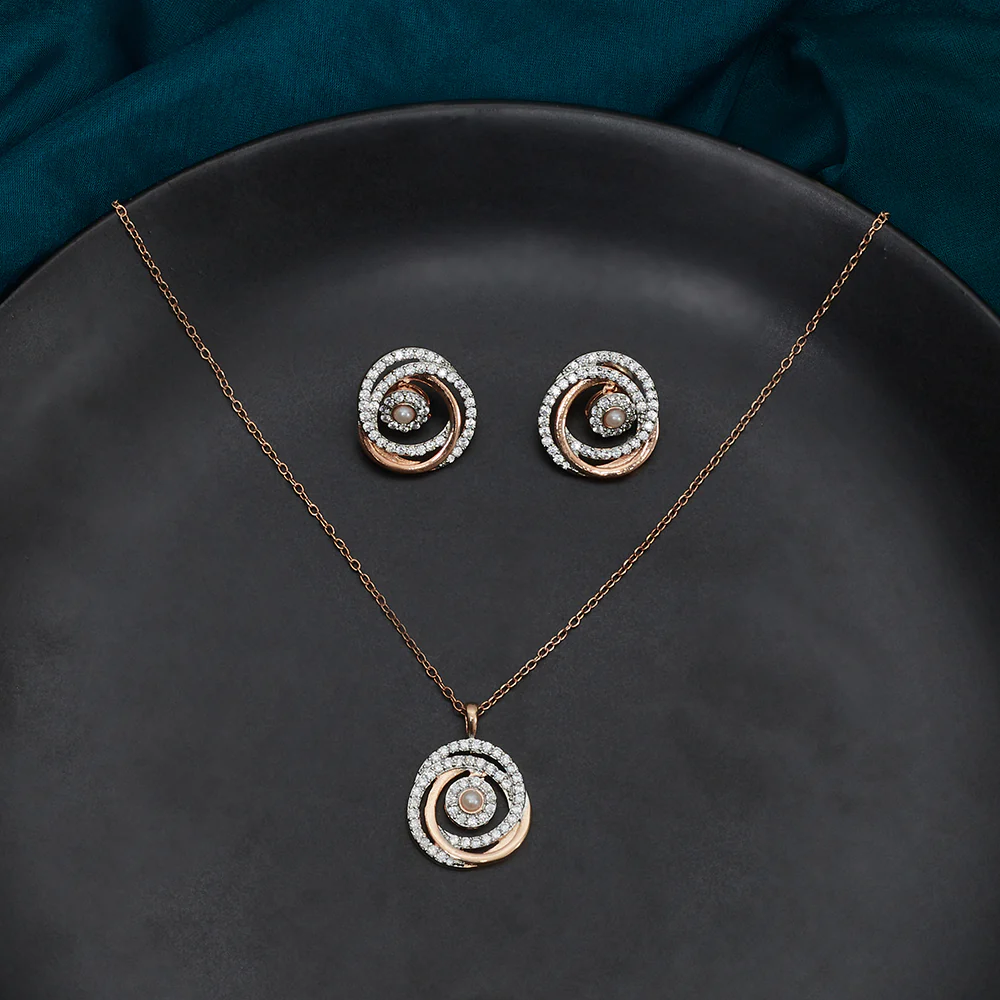 Rose Gold Plated Faux Pearls and CZ Brass Pendant Set