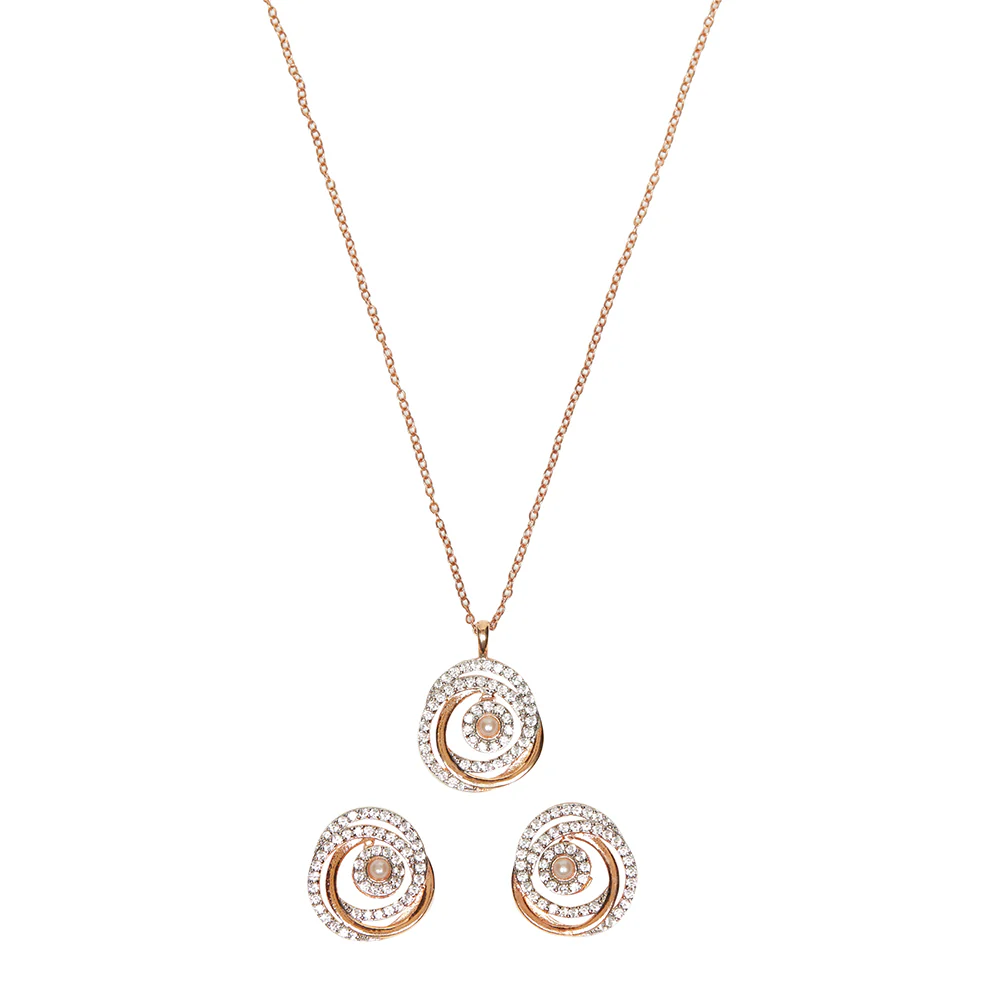 Rose Gold Plated Faux Pearls and CZ Brass Pendant Set - Image 3