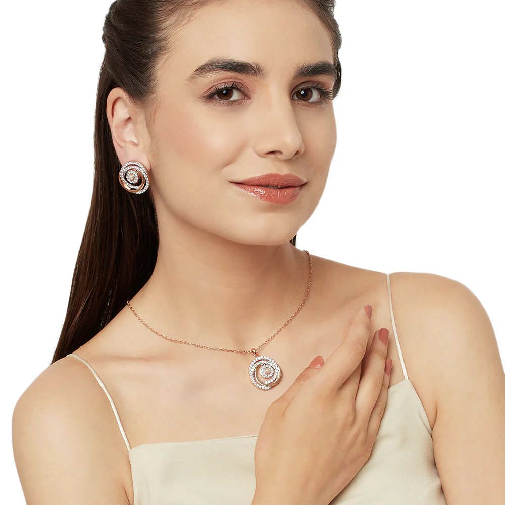 Rose Gold Plated Faux Pearls and CZ Brass Pendant Set - Image 5