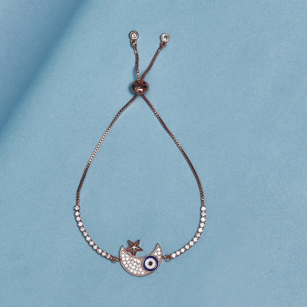 Rose Gold Plated Zircons Adorned Evil Eye Crescent and Star Charm Brass Bracelet