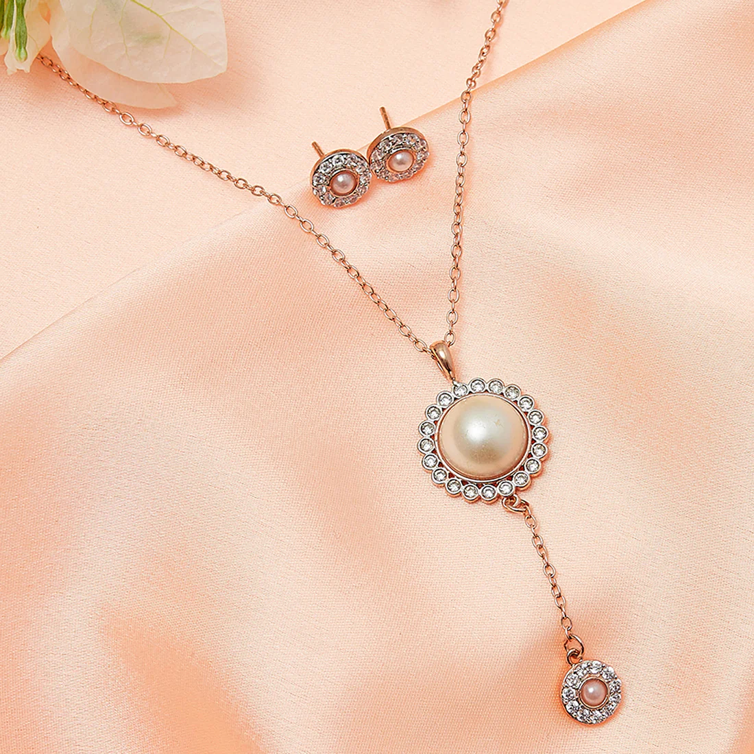 Rose Gold Tone Pearly Whites Pendant Set