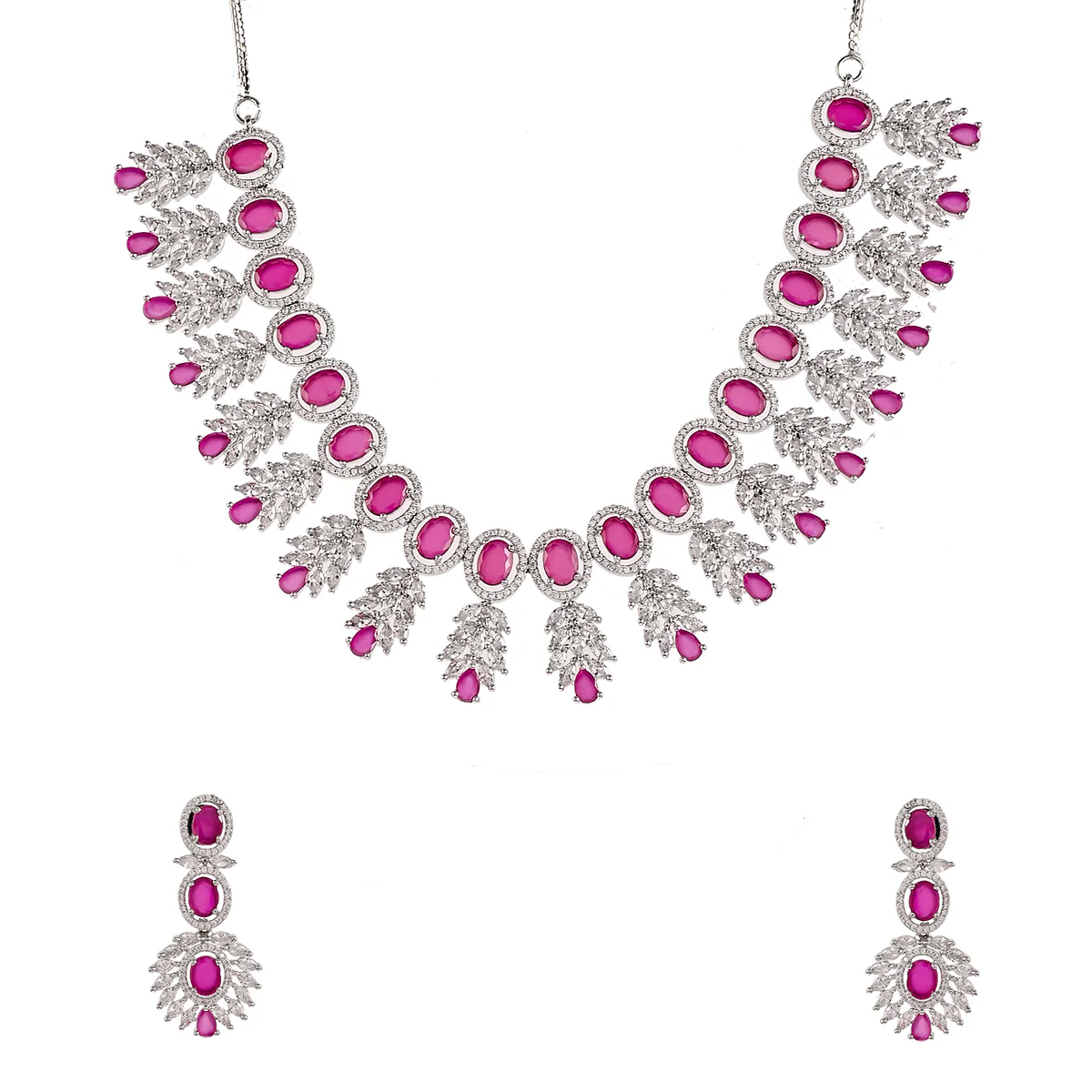 Round and Teardrop Cut CZ Embellished Silver Plated Brass Jewellery Set - Image 4
