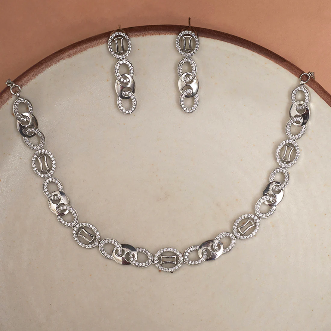 Round Cut Clear Zircons Embellished Brass Silver Toned Jewellery Set