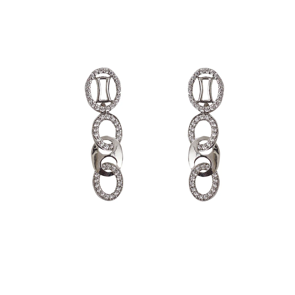 Round Cut Clear Zircons Embellished Brass Silver Toned Jewellery Set - Image 5