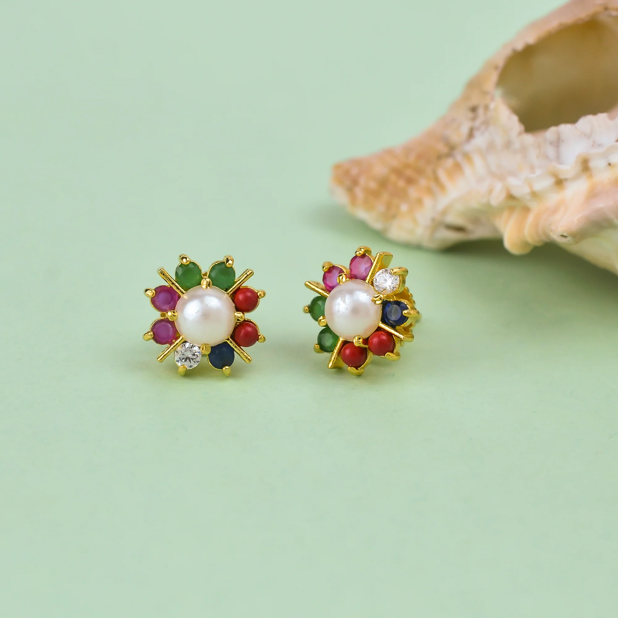 Round Cut Coloured CZ and White Pearl Stud Earrings