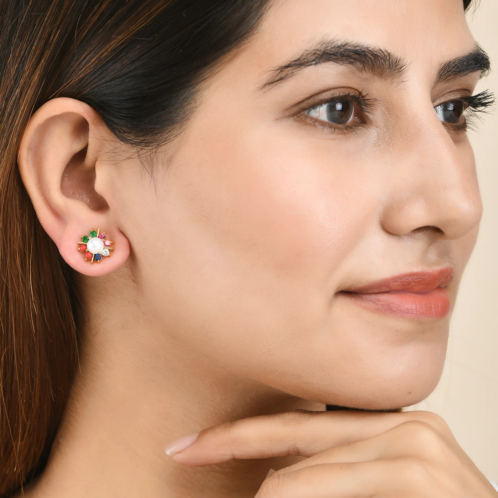 Round Cut Coloured CZ and White Pearl Stud Earrings - Image 2