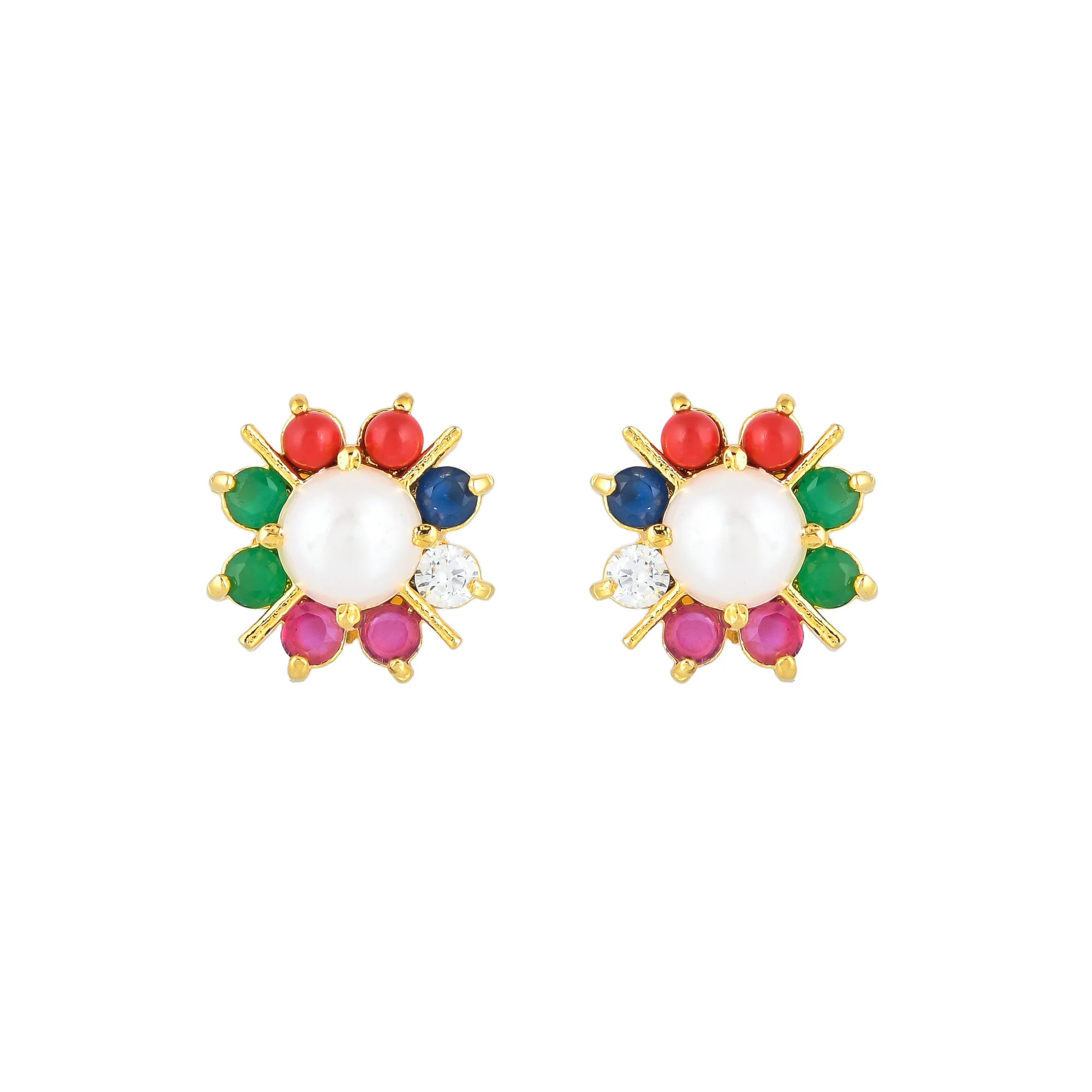 Round Cut Coloured CZ and White Pearl Stud Earrings - Image 3