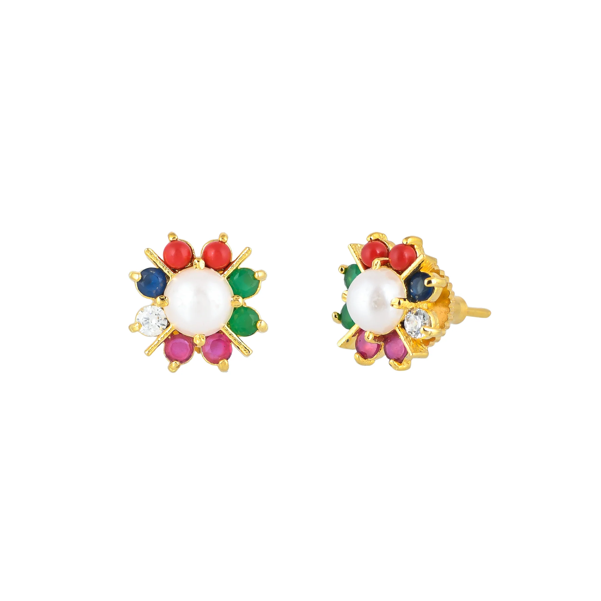 Round Cut Coloured CZ and White Pearl Stud Earrings - Image 4