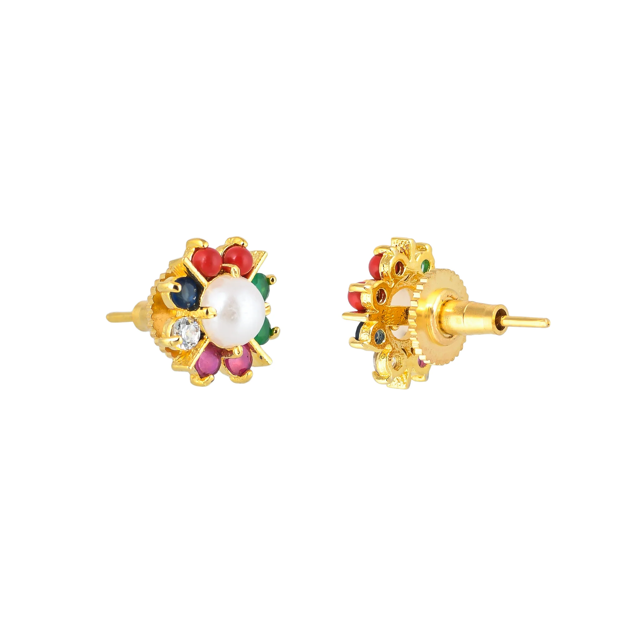 Round Cut Coloured CZ and White Pearl Stud Earrings - Image 5