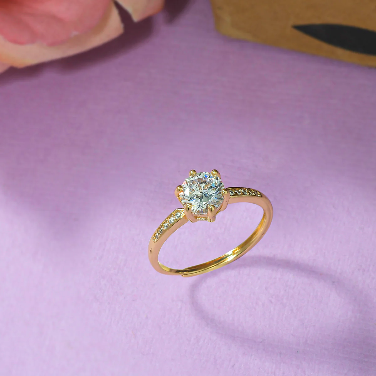 Round Cut Cubic Zircon Embellished Brass Yellow Gold Plated Ring