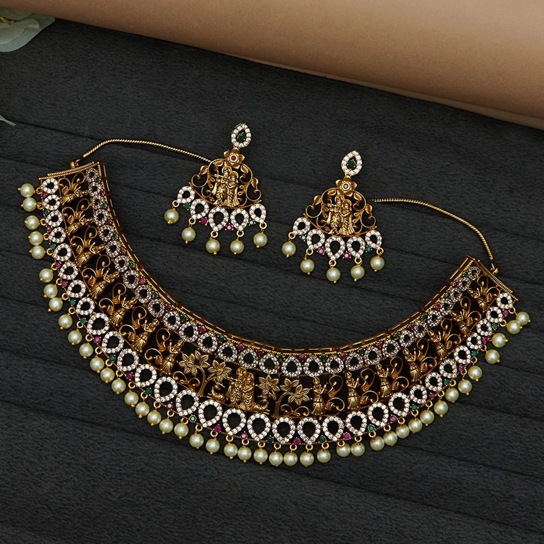 Round Cut CZ and Faux Pearls Brass Gold Plated Jewellery Set