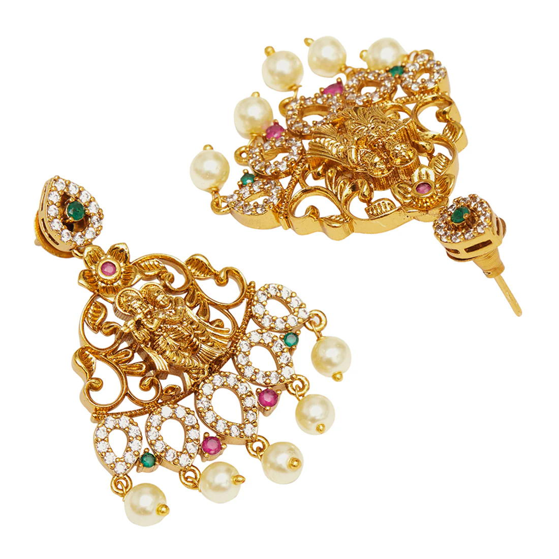 Round Cut CZ and Faux Pearls Brass Gold Plated Jewellery Set - Image 5