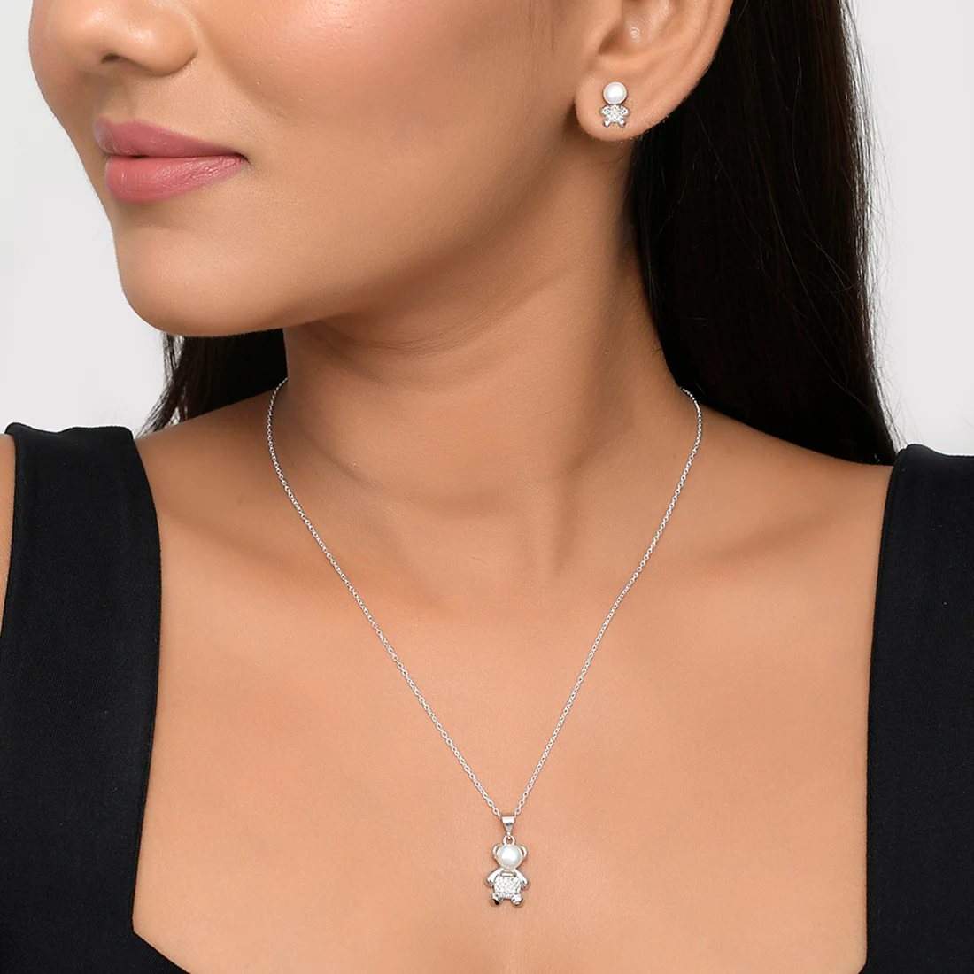 Round Cut CZ and Faux Pearls Minimalistic Brass Silver Plated Pendant Set - Image 2