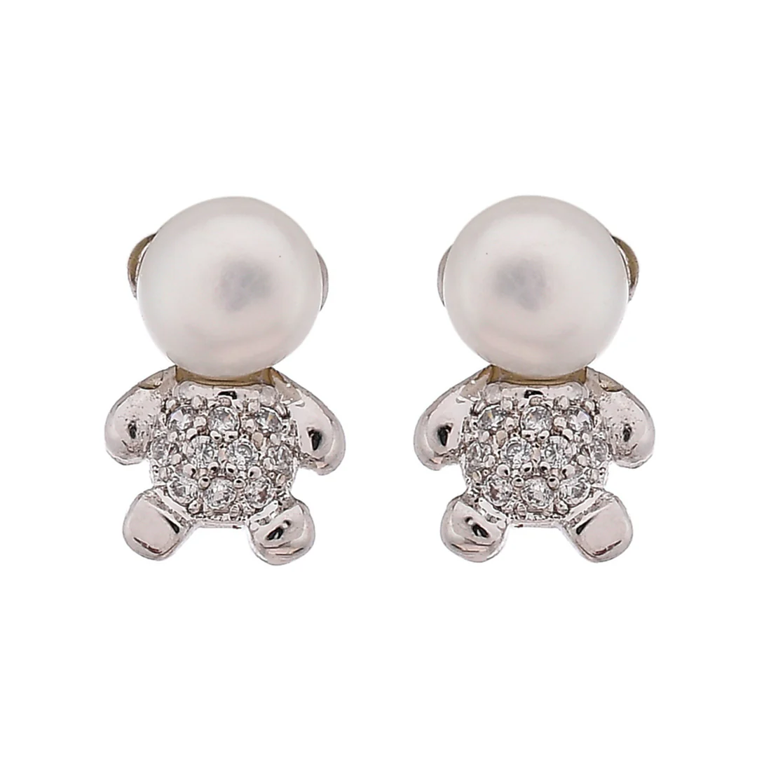 Round Cut CZ and Faux Pearls Minimalistic Brass Silver Plated Pendant Set - Image 4