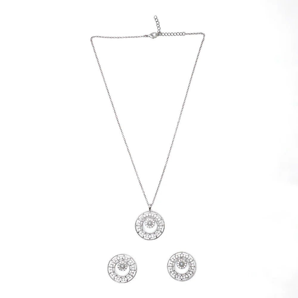 Round Cut CZ and White Pearls Brass White Rhodium Plated Pendant Set - Image 3