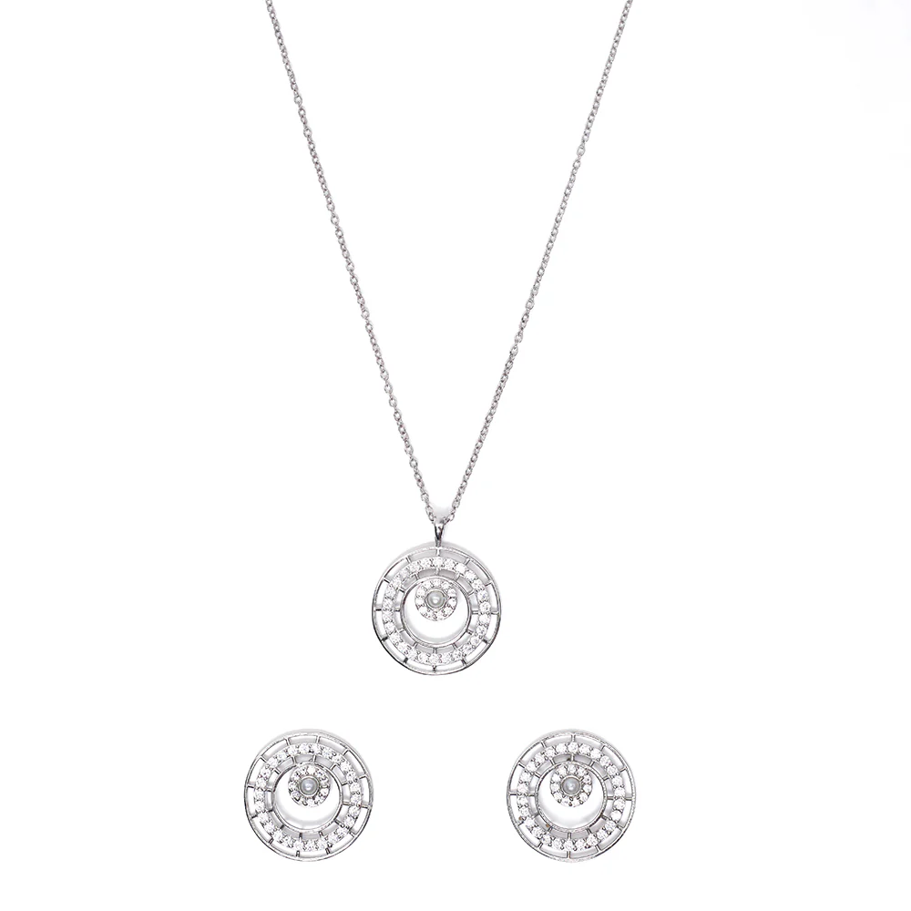 Round Cut CZ and White Pearls Brass White Rhodium Plated Pendant Set - Image 4