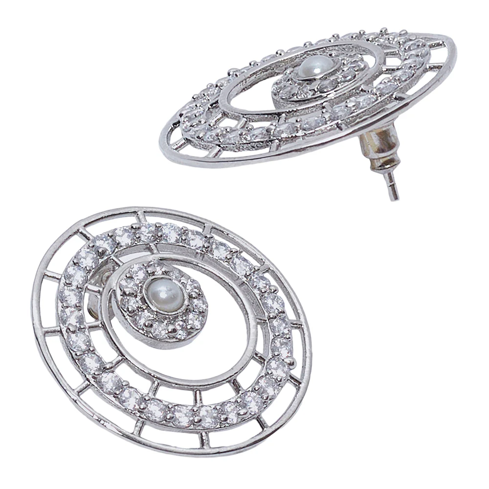 Round Cut CZ and White Pearls Brass White Rhodium Plated Pendant Set - Image 5