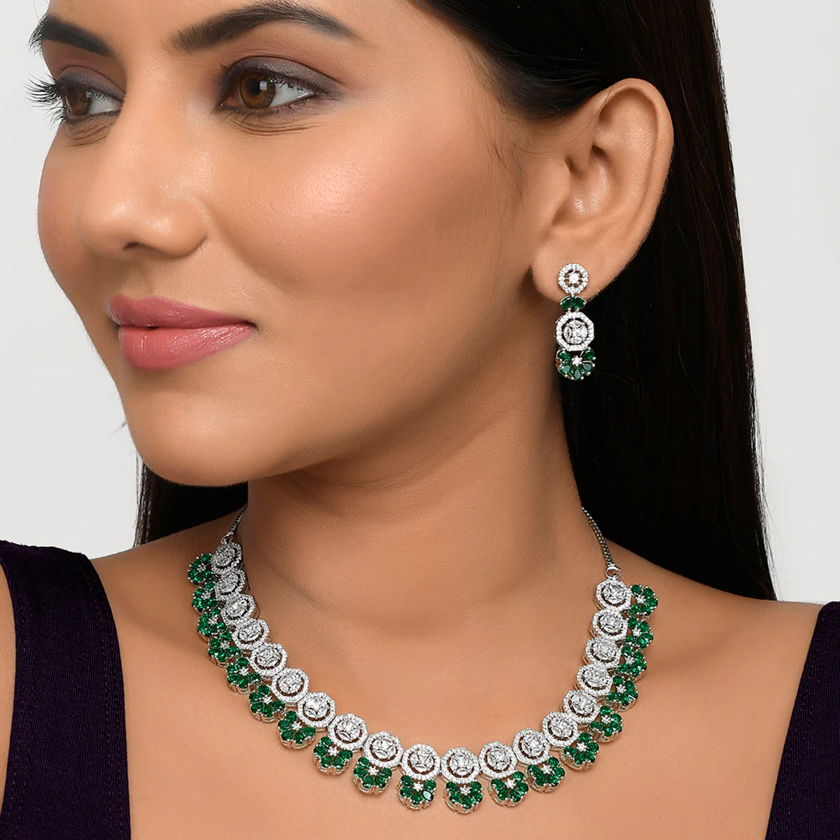 Round Cut CZ Embellished Brass Silver Plated Opulent Jewellery Set - Image 2