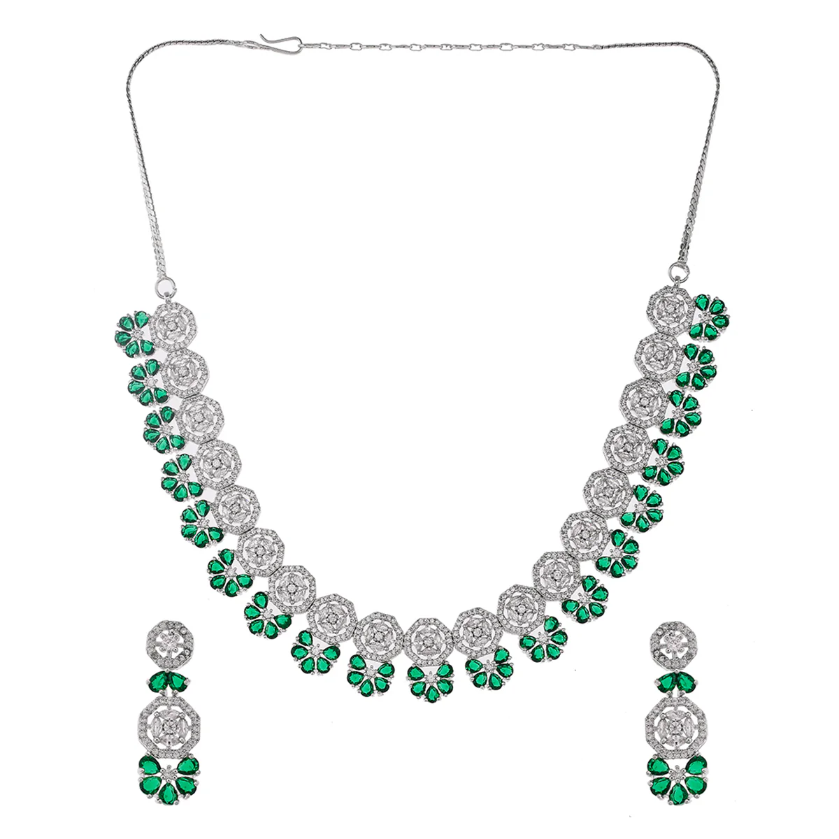 Round Cut CZ Embellished Brass Silver Plated Opulent Jewellery Set - Image 3