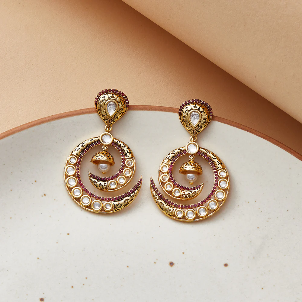 Round Cut Faux Kundan Gold Plated Brass Drop Earrings