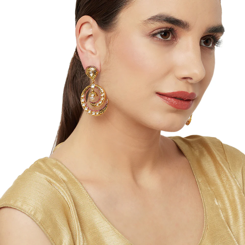 Round Cut Faux Kundan Gold Plated Brass Drop Earrings - Image 2