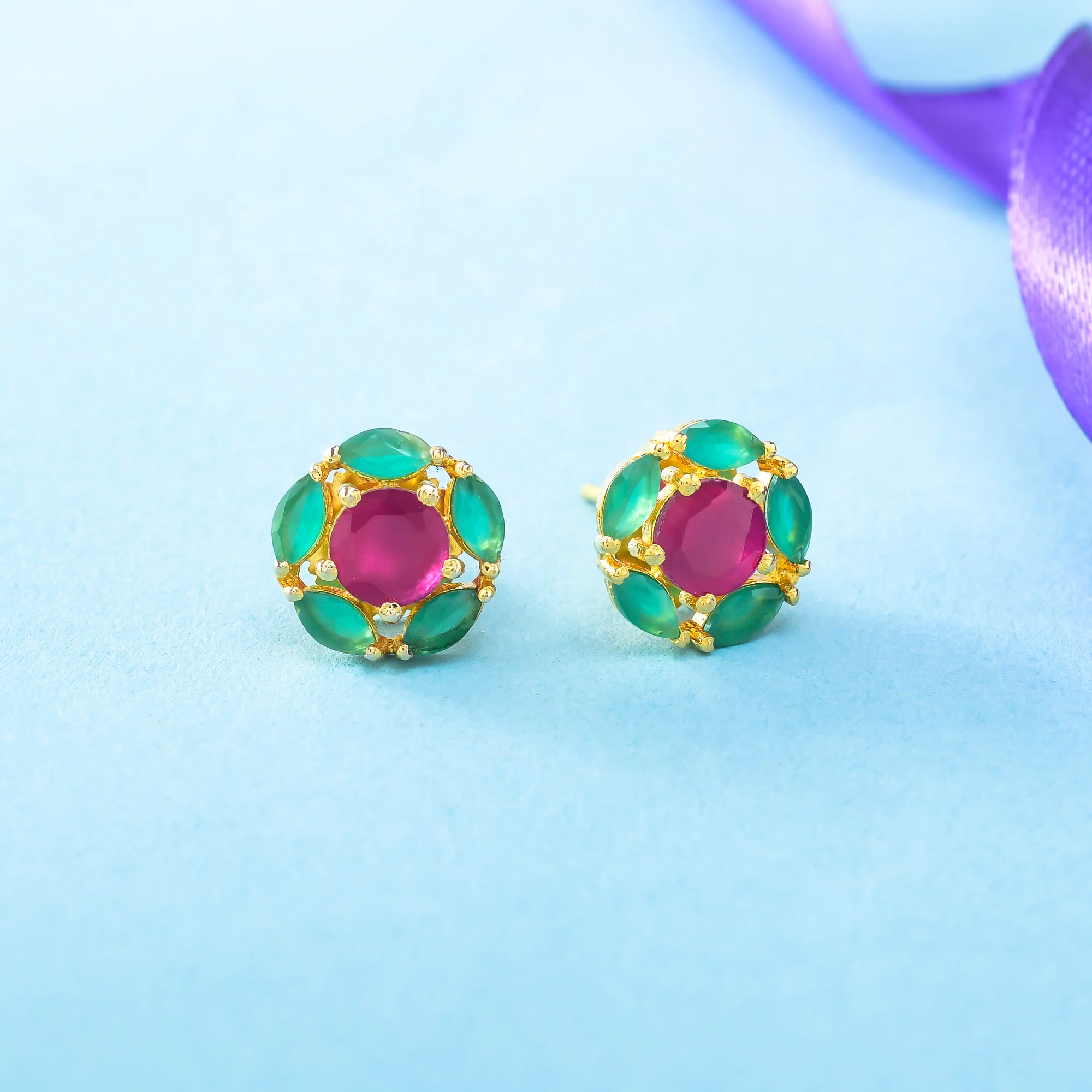 Round Cut Green and Pink CZ Stud Earrings