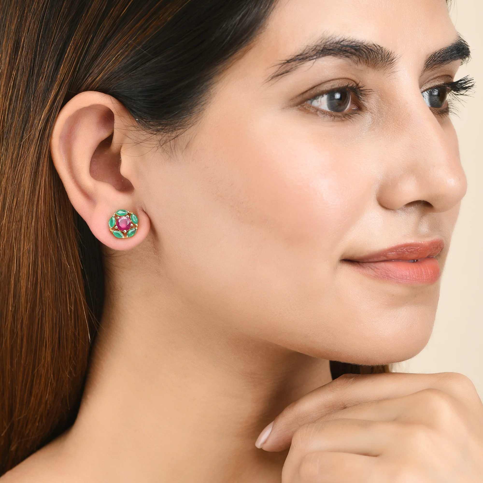 Round Cut Green and Pink CZ Stud Earrings - Image 2