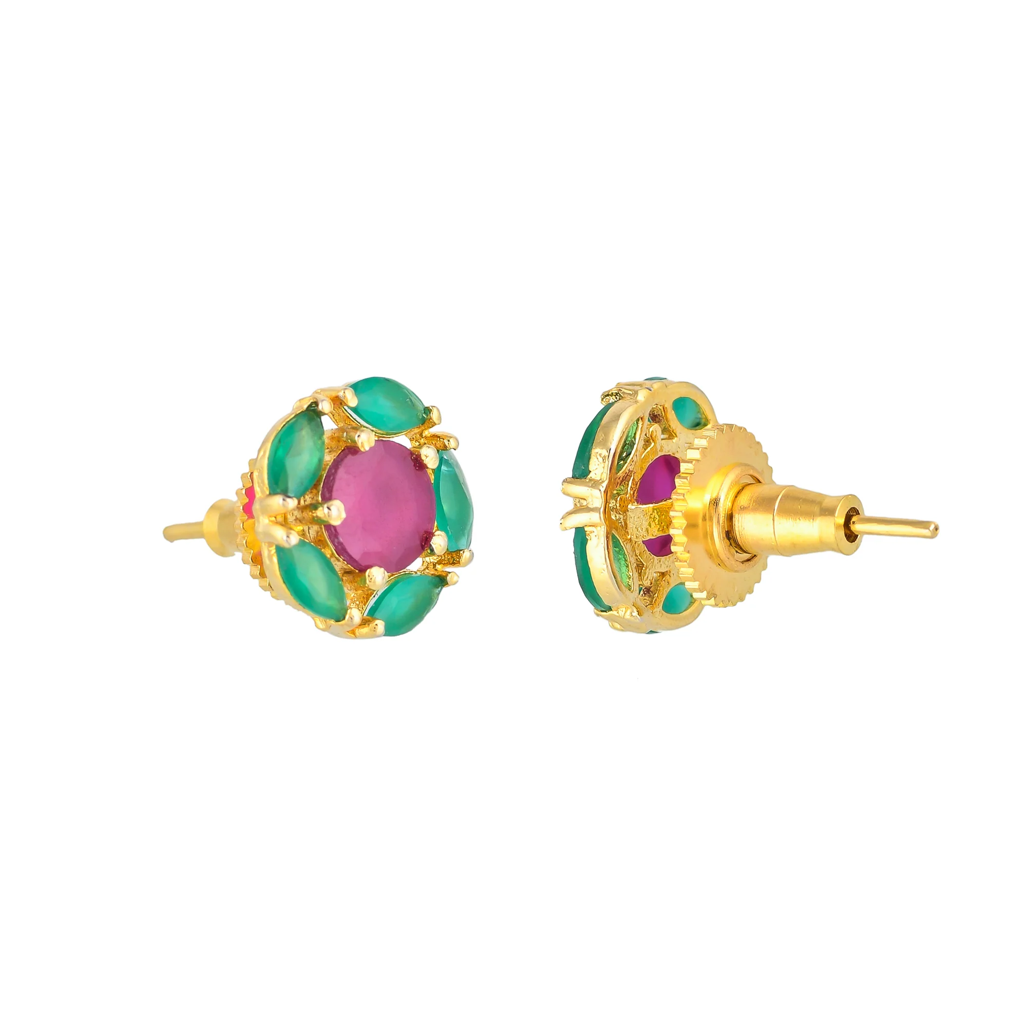 Round Cut Green and Pink CZ Stud Earrings - Image 5