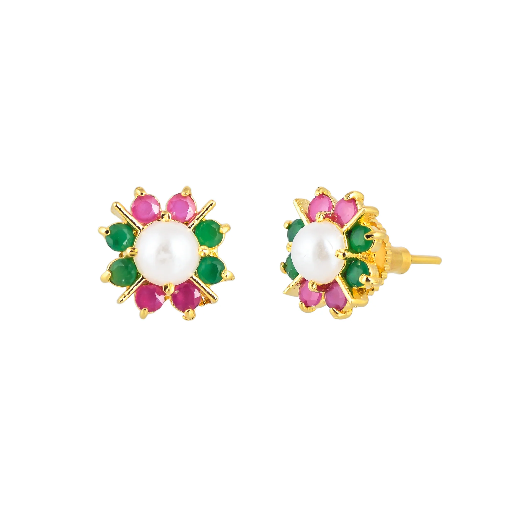 Round Cut Multicoloured CZ and White Pearl Stud Earrings - Image 4